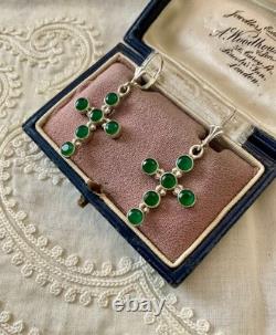 Antique Silver Cross Earrings with 6 Jade Fleur de Lys