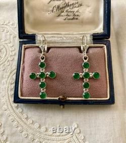Antique Silver Cross Earrings with 6 Jade Fleur de Lys