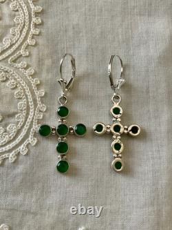 Antique Silver Cross Earrings with 6 Jade Fleur de Lys