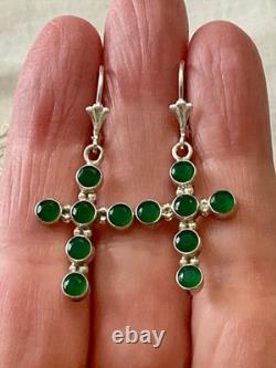 Antique Silver Cross Earrings with 6 Jade Fleur de Lys
