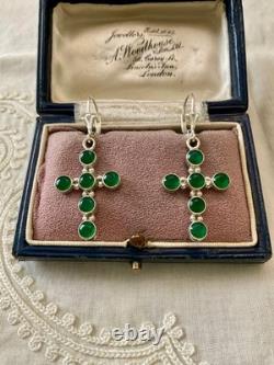 Antique Silver Cross Earrings with 6 Jade Fleur de Lys