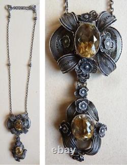 Antique Silver Filigree Citrine Necklace Circa 1900