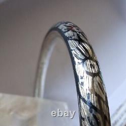 Antique Silver Guilloché & Niello Floral Motif Art Deco Bangle 62 Mm Diameter