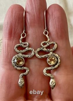 Antique Silver Snake Earrings with Citrines and Engravings