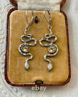 Antique Silver Snake Earrings with Citrines and Engravings
