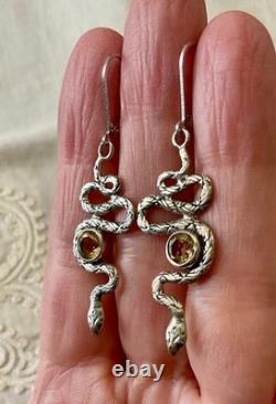 Antique Silver Snake Earrings with Citrines and Engravings