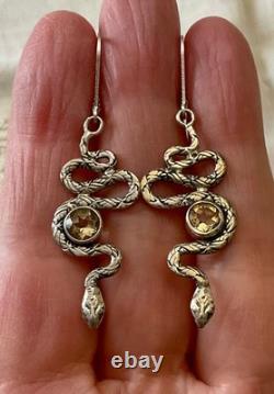 Antique Silver Snake Earrings with Citrines and Engravings