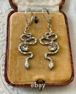Antique Silver Snake Earrings with Citrines and Engravings