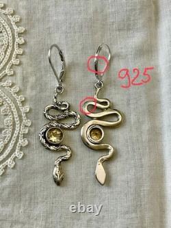 Antique Silver Snake Earrings with Citrines and Engravings