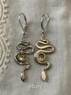 Antique Silver Snake Earrings with Citrines and Engravings