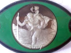 Antique Small Automobile Plaque Saint Christopher Solid Silver Enamelled