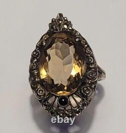 Antique Solid Silver 925 Marcasite Smoky Quartz Ring Size # K4