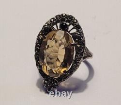 Antique Solid Silver 925 Marcasite Smoky Quartz Ring Size # K4