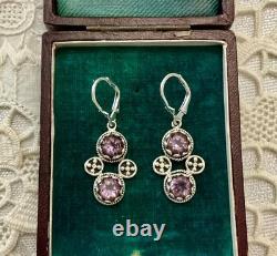 Antique Solid Silver Amethyst Earrings with Ornate Setting
