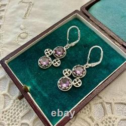 Antique Solid Silver Amethyst Earrings with Ornate Setting