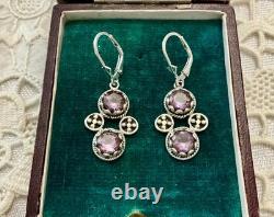 Antique Solid Silver Amethyst Earrings with Ornate Setting