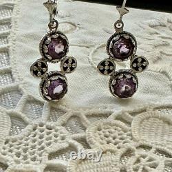Antique Solid Silver Amethyst Earrings with Ornate Setting