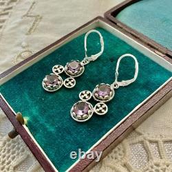 Antique Solid Silver Amethyst Earrings with Ornate Setting