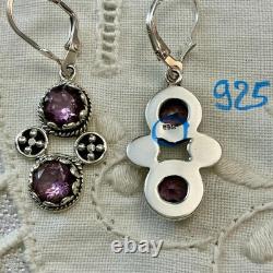 Antique Solid Silver Amethyst Earrings with Ornate Setting