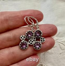 Antique Solid Silver Amethyst Earrings with Ornate Setting