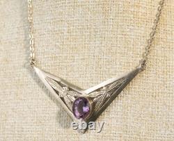Antique Solid Silver Amethyst Necklace, 925 Hallmarked, Art Deco, Circa 1930
