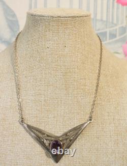 Antique Solid Silver Amethyst Necklace, 925 Hallmarked, Art Deco, Circa 1930