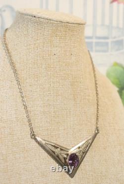 Antique Solid Silver Amethyst Necklace, 925 Hallmarked, Art Deco, Circa 1930