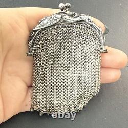 Antique Solid Silver Art Nouveau Coin Purse Stork Decor