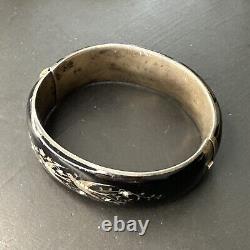 Antique Solid Silver Bangle Victorian Black Enamel Art Nouveau