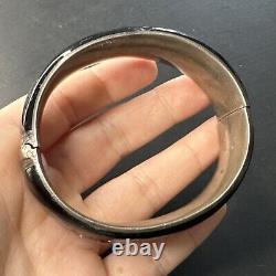 Antique Solid Silver Bangle Victorian Black Enamel Art Nouveau