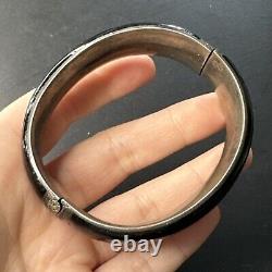 Antique Solid Silver Bangle Victorian Black Enamel Art Nouveau