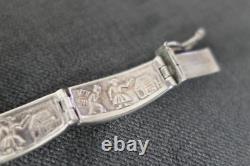 Antique Solid Silver Bracelet Set with Malachite Double-Faced Indochina Decoration