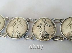 Antique Solid Silver Bracelet with 5 Francs Sower Roty Coins