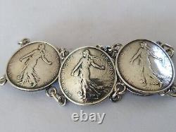 Antique Solid Silver Bracelet with 5 Francs Sower Roty Coins