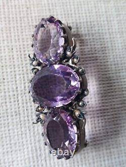 Antique Solid Silver Brooch with 3 Amethysts / Fine Pearls