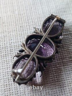 Antique Solid Silver Brooch with 3 Amethysts / Fine Pearls