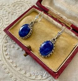 Antique Solid Silver Earrings - Genuine Blue Sapphire - Fleur De Lys