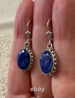 Antique Solid Silver Earrings - Genuine Blue Sapphire - Fleur De Lys