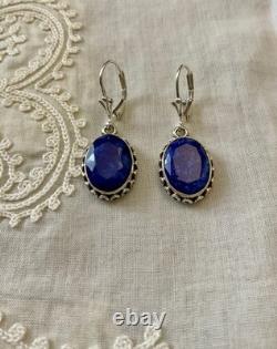 Antique Solid Silver Earrings - Genuine Blue Sapphire - Fleur De Lys