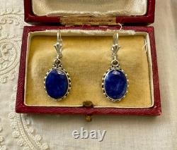 Antique Solid Silver Earrings - Genuine Blue Sapphire - Fleur De Lys