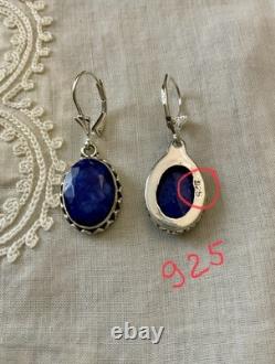 Antique Solid Silver Earrings - Genuine Blue Sapphire - Fleur De Lys