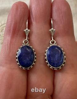 Antique Solid Silver Earrings - Genuine Blue Sapphire - Fleur De Lys