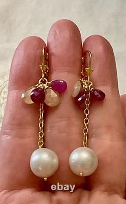 Antique Solid Silver Earrings Gold Ruby Yellow Sapphire Pearl