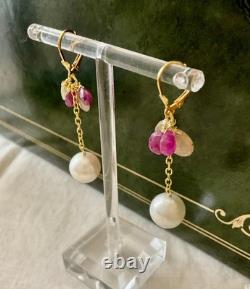 Antique Solid Silver Earrings Gold Ruby Yellow Sapphire Pearl