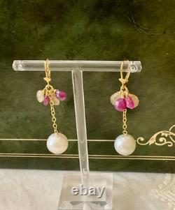 Antique Solid Silver Earrings Gold Ruby Yellow Sapphire Pearl