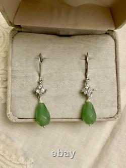 Antique Solid Silver Earrings with Jade, Fine Pearl, and Baguette Topazes