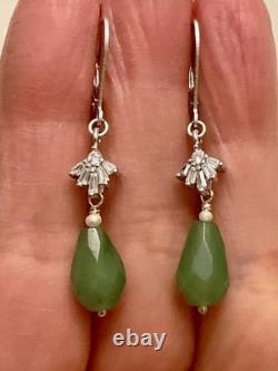 Antique Solid Silver Earrings with Jade, Fine Pearl, and Baguette Topazes