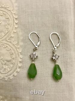 Antique Solid Silver Earrings with Jade, Fine Pearl, and Baguette Topazes