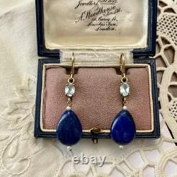 Antique Solid Silver Earrings with Lapis, Blue Topaz, and Fine Pearl
