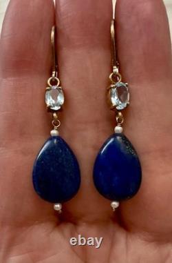 Antique Solid Silver Earrings with Lapis, Blue Topaz, and Fine Pearl